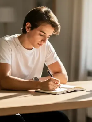 Person writing in a journal, demonstrating focus and discipline for personal growth.