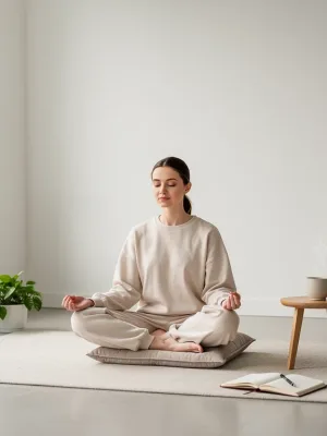 Person meditating peacefully in a minimalist room with affordable self-care items