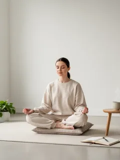 Person meditating peacefully in a minimalist room with affordable self-care items
