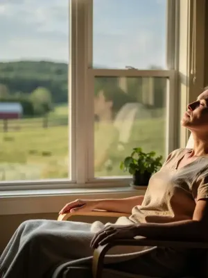 Person taking a deep breath, finding calm amidst emotional overwhelm in a peaceful US setting