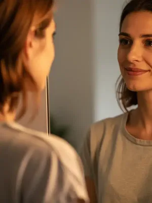 Reflective person seeing a more emotionally intelligent self in the mirror for personal growth
