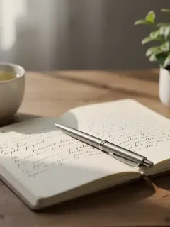Open journal with pen, tea, and plant for mental clarity
