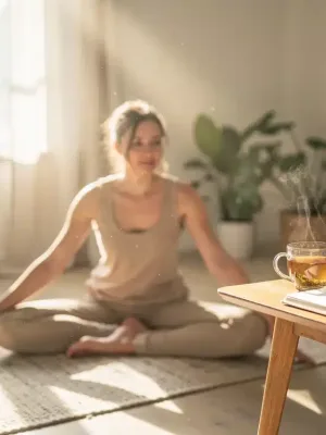Woman performing gentle morning yoga for well-being