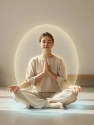 Person meditating, surrounded by a subtle protective energy field, representing healthy boundaries and self-care.