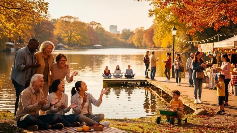 Americans embracing seasonal emotional wellness activities outdoors, smiling and connecting.