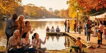 Americans embracing seasonal emotional wellness activities outdoors, smiling and connecting.