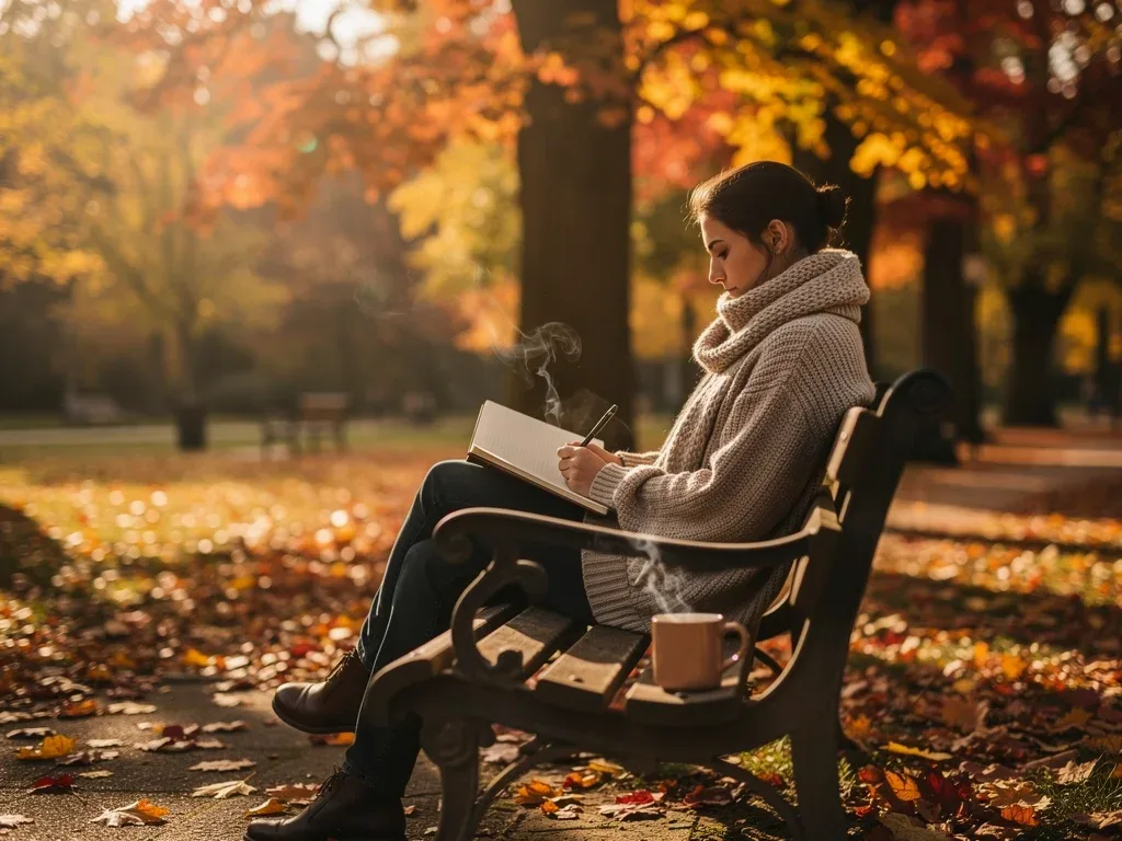 Individual engaging in mindful journaling amidst vibrant fall scenery.