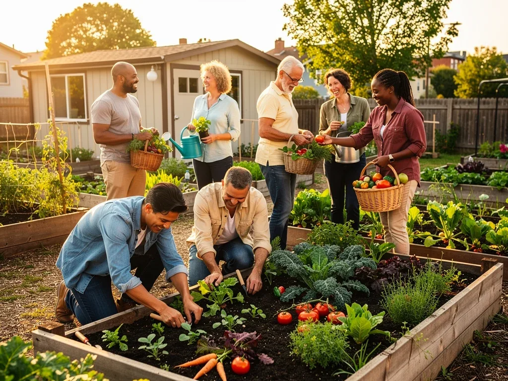 Community members happily gardening together, fostering connection and well-being.
