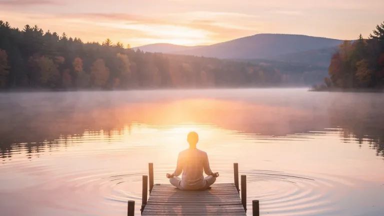 Serene American landscape with a person meditating at dawn, representing inner peace