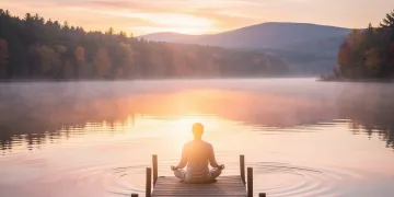 Serene American landscape with a person meditating at dawn, representing inner peace