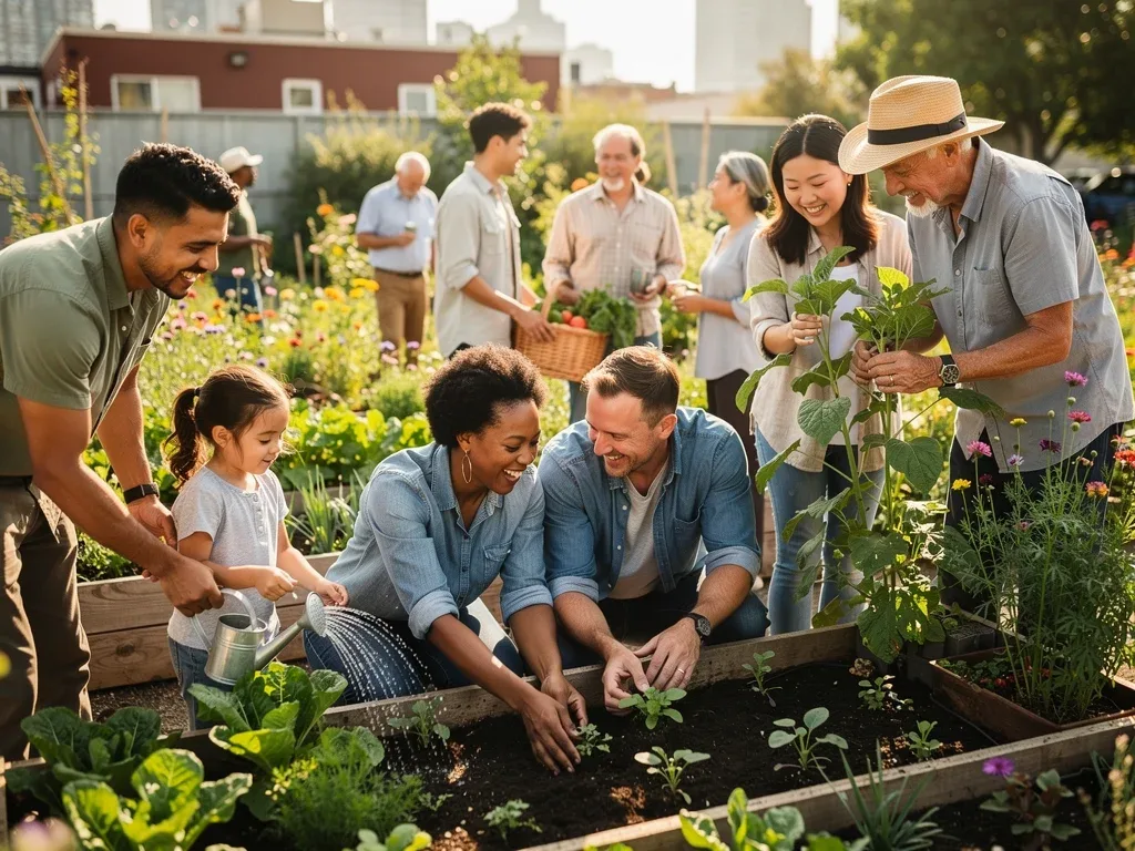 Diverse Americans engaging in communal gardening for connection and well-being