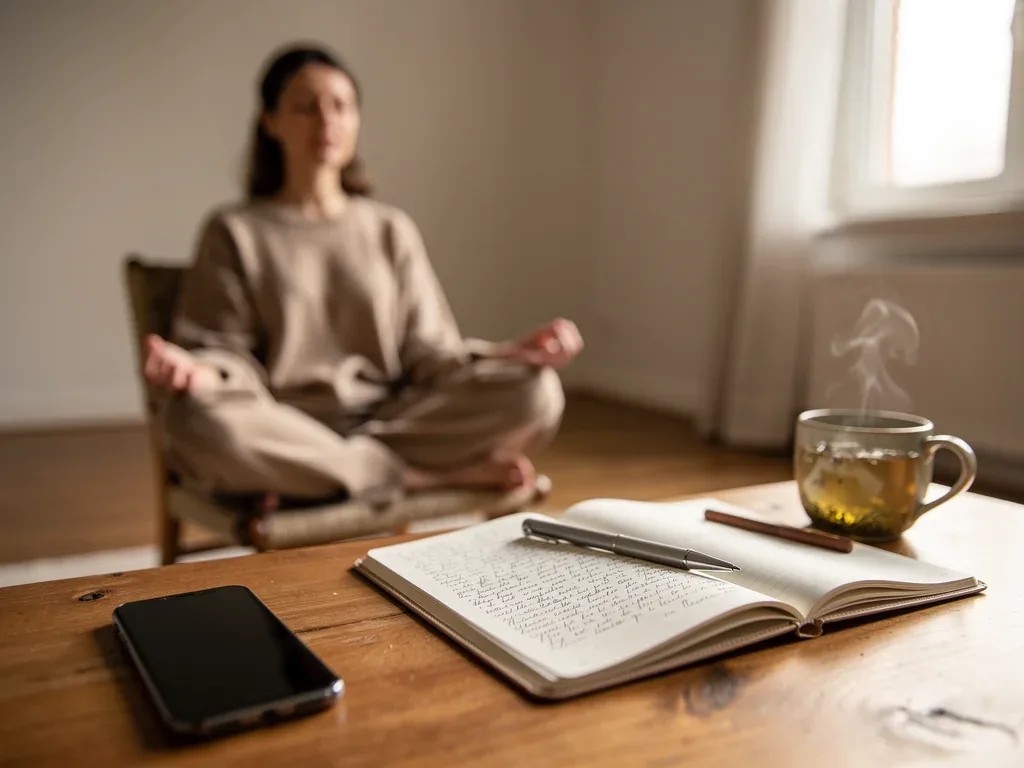 Person practicing mindful digital detox with journal and tea, promoting intentional disconnection