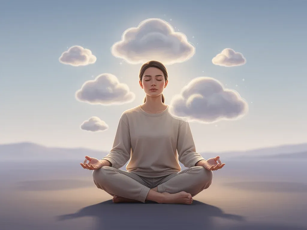 Individual practicing mindful observation of thoughts for improved emotional agility.