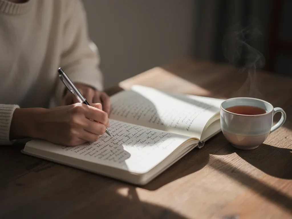 Person journaling, actively processing emotions for self-management.