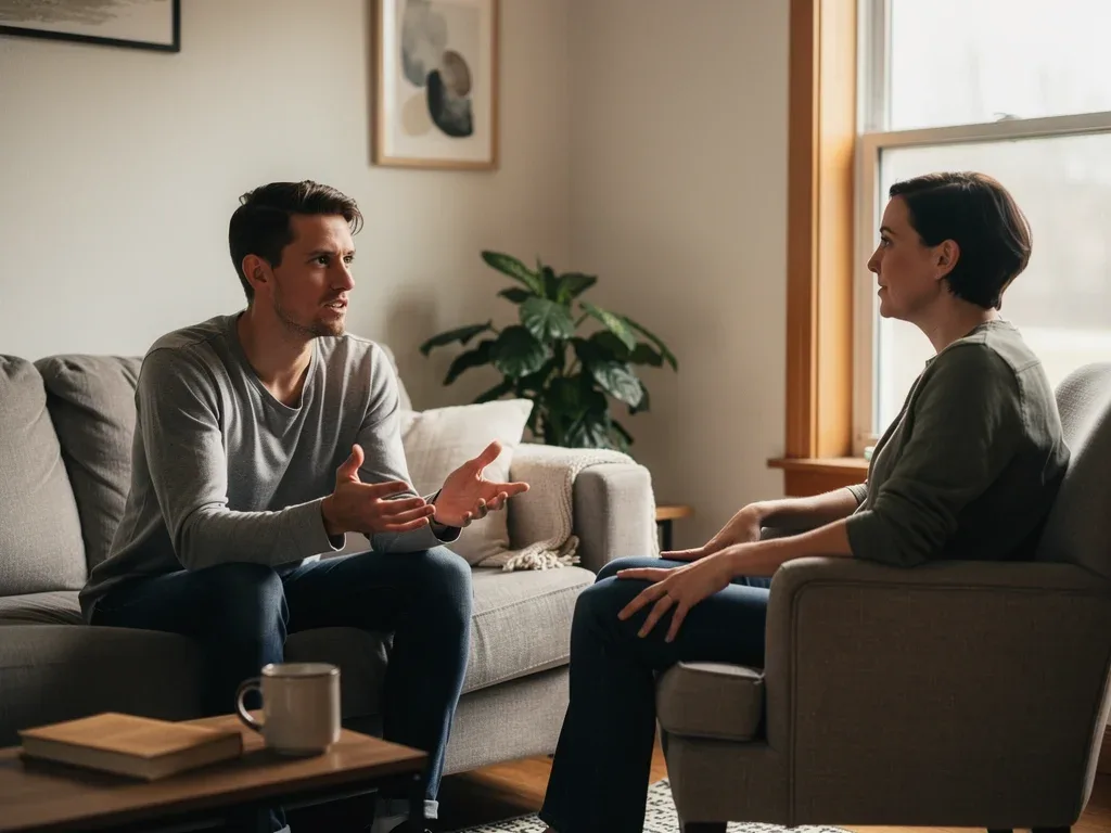 Person clearly communicating personal boundaries to an attentive listener.