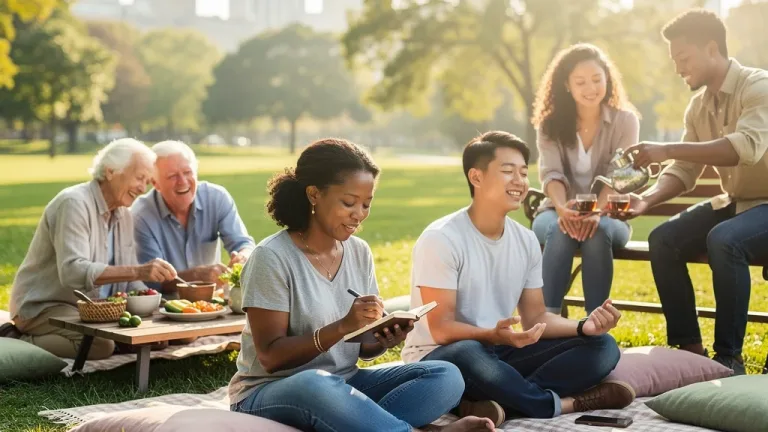 Diverse Americans practicing gratitude, journaling, meditating, and sharing smiles in a bright setting.