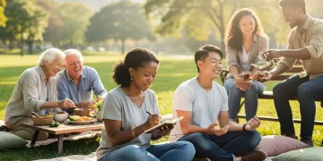 Diverse Americans practicing gratitude, journaling, meditating, and sharing smiles in a bright setting.