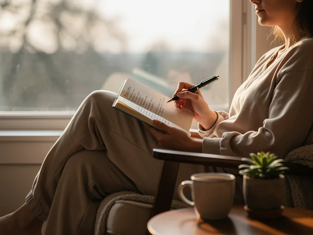 Person journaling gratitude by a sunlit window, reflecting on positive experiences.