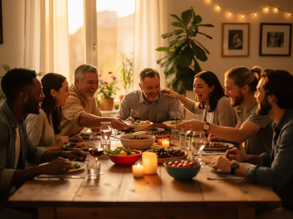 Friends sharing a joyful meal, symbolizing connection and shared appreciation.