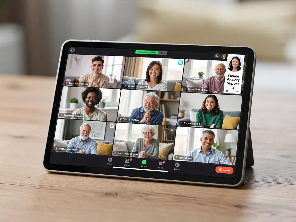 Diverse group in virtual therapy session, highlighting telehealth for anxiety.
