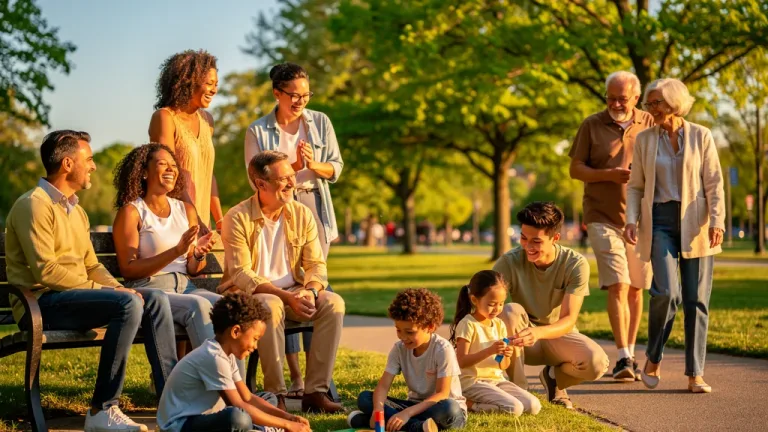 Diverse community members engaging in social activities, smiling