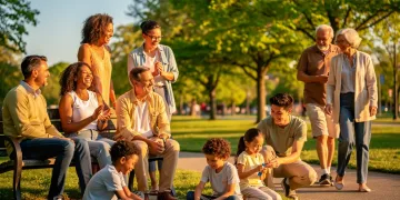 Diverse community members engaging in social activities, smiling
