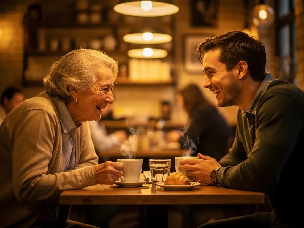 Intergenerational connection, laughing over coffee