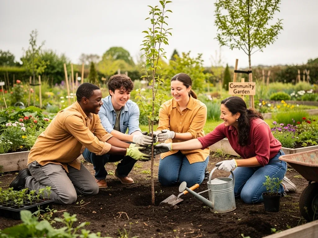 Community volunteers planting trees together