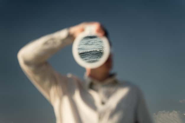 A person holding a lens, visually representing the act of reframing thoughts and gaining new perspectives on challenging situations.