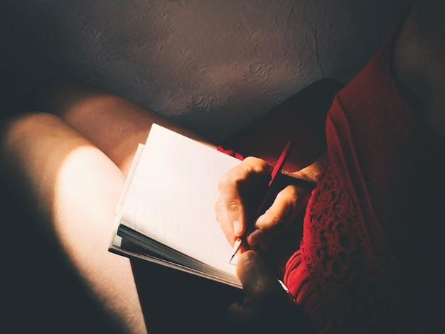 A close-up of a hand writing in a journal. The lighting is soft, and the focus is on the pen and paper. The background is slightly blurred, suggesting a calm, reflective environment.