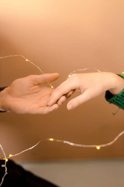 A close-up of two hands gently touching, with a soft light emphasizing the connection. A blurred background suggests a bustling city scene, highlighting the importance of maintaining personal space even amidst external chaos.