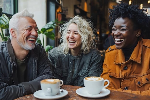 A diverse group of people laughing and enjoying each other's company in a cafe, illustrating the importance of social connections for happiness.