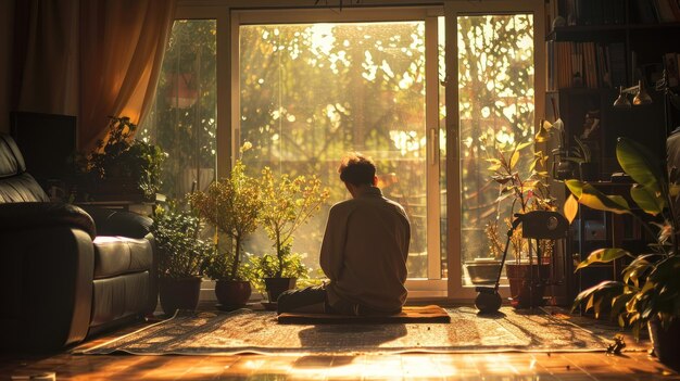 A person sitting in a quiet, sunlit room, meditating with their eyes closed. The scene is serene, with a focus on mindfulness and inner peace, promoting the concept of self-awareness.