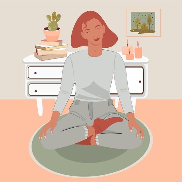 A person sitting in a quiet room, practicing deep breathing exercises, with their hands gently resting on their stomach.