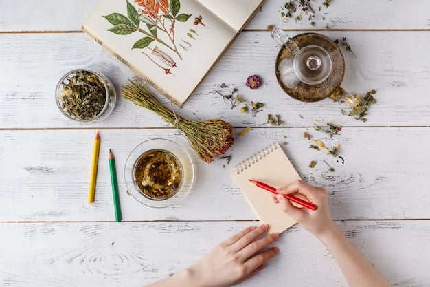 A person's hands writing in a journal, with a cup of tea and a small plant on the desk next to them. The scene evokes a sense of calm and mindfulness.