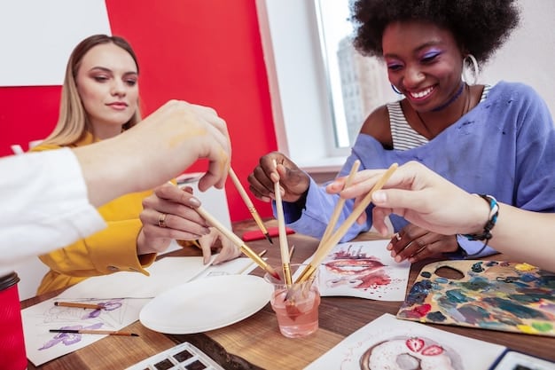 A diverse group of people participating in a creative workshop, expressing themselves through various art forms, symbolizing exploration and community.
