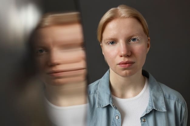 A person looking in a mirror with their reflection showing distorted and negative images. The background is dark and blurry, emphasizing the internal struggle with self-perception.