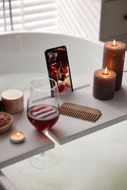 A person taking a relaxing bath with essential oils and candles, creating a spa-like atmosphere in their bathroom. Soft lighting and calming colors enhance the serene environment.