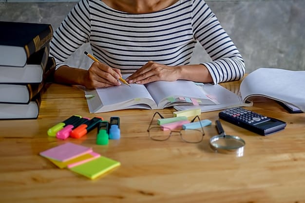 A person using a planner and sticky notes to organize their tasks, with colorful highlighters and pens nearby. The setting is a brightly lit desk, suggesting focus and planning.