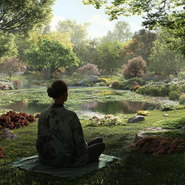 A person meditating peacefully in a garden, illustrating mindfulness and stress reduction techniques.