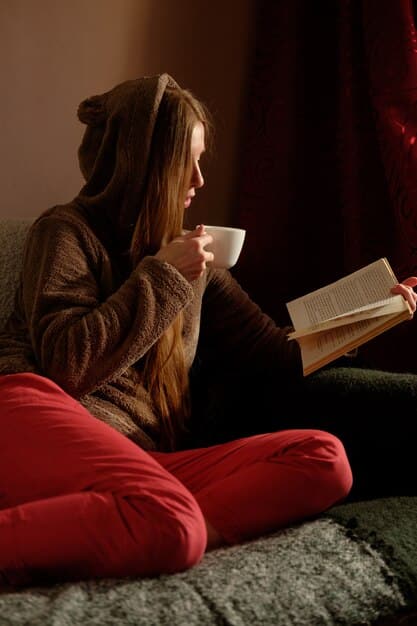 A person sitting in a cozy armchair, surrounded by books, a cup of tea, and a journal. The atmosphere is warm and inviting, encouraging viewers to reflect on their inner thoughts and feelings.
