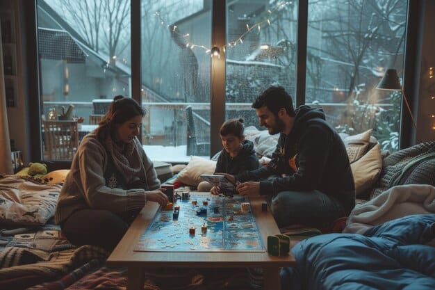 A family playing a board game together in their living room, illustrating the concept of spending quality time and creating shared memories.