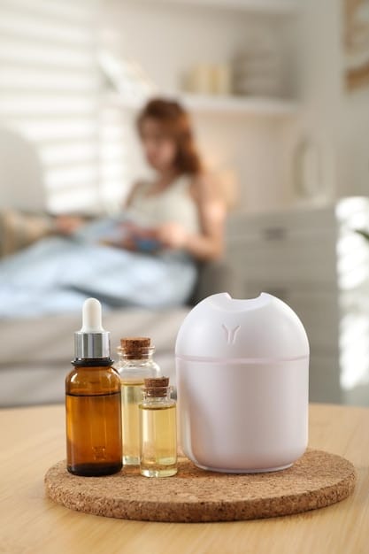 A person using aromatherapy diffuser with different essential oils around it. Soft, warm lighting creating a relaxing atmosphere.