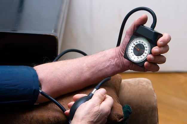 A close-up shot of a blood pressure monitor showing a reading within the healthy range, with a pair of walking shoes and a green plant in the background, symbolizing the connection between exercise, nature, and healthy blood pressure.