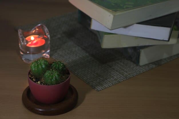 A close-up of a bedside table with a book, a glass of water, and a small plant, illuminated by a soft nightlight.