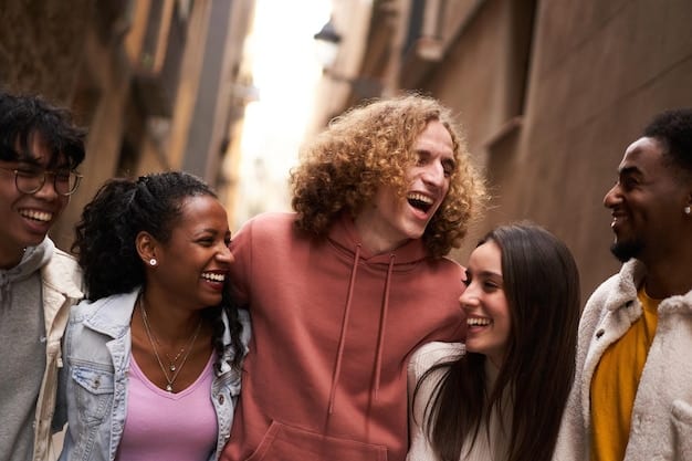 A diverse group of friends laughing and supporting each other, symbolizing the importance of positive social connections, encouragement, and acceptance in boosting self-confidence and self-love. Bright and cheerful setting.