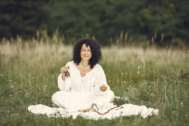 A person sitting in a peaceful garden with eyes closed, hands resting on their knees, meditating and silently repeating positive affirmations.