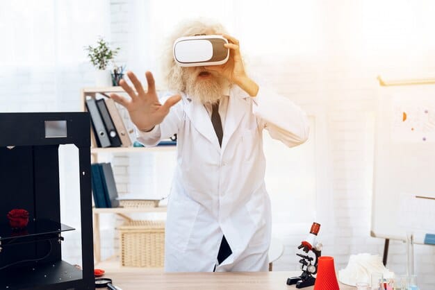 A scientist studying brain scans, highlighting areas related to pleasure and creativity, surrounded by lab equipment.