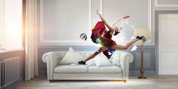 A person doing a silly dance in their living room, brightly colored walls, playful decorations, joyful expression.