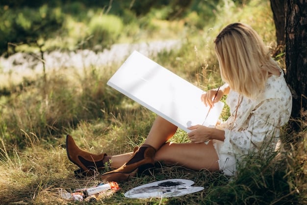 A person drawing in a sketchbook outdoors, surrounded by nature. The scene conveys a sense of peace, creativity, and self-expression, highlighting the importance of engaging in activities that bring joy and relaxation.